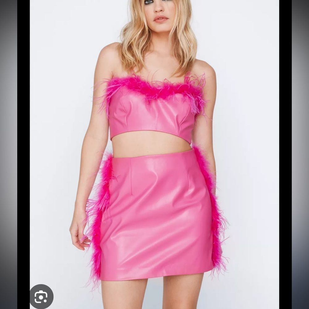 NWT Nasty Gal pink faux leather feather trim set skirt bandeau US 6